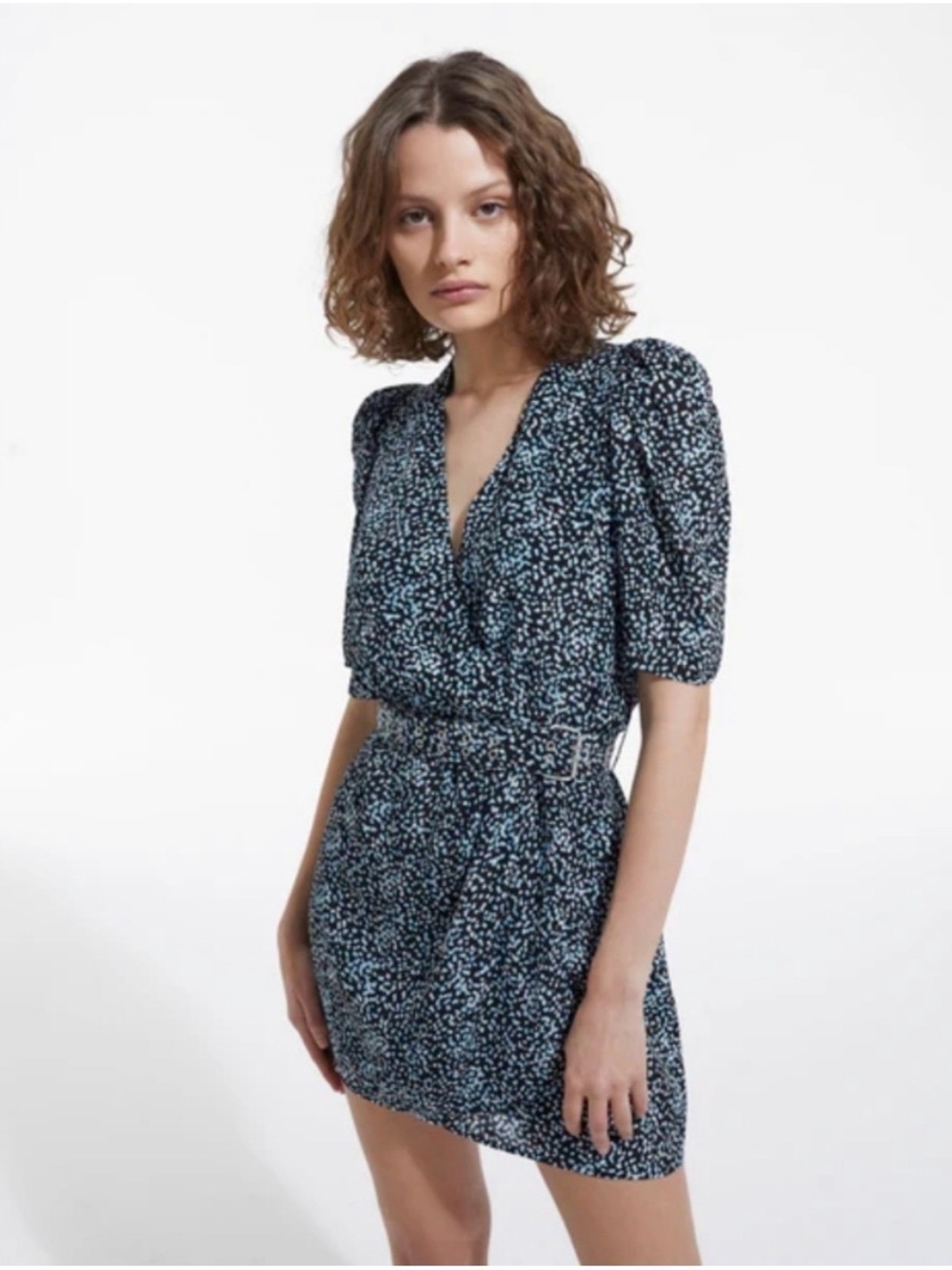 The Kooples Navy Blue Floral Puff-Sleeve Mini Dress